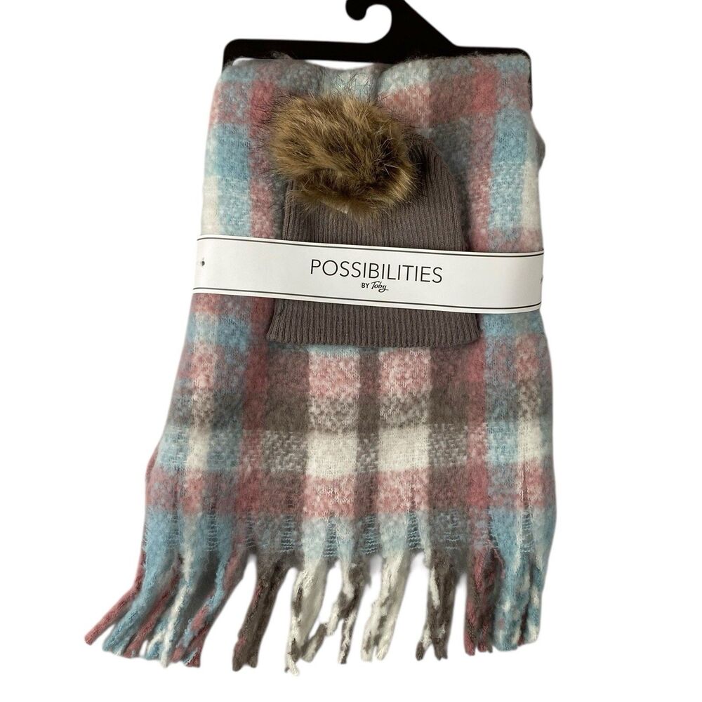 Possibilities by Toby Plaid Scarf Hat Set Faux Fur Pom Pastel Winter Soft Cozy